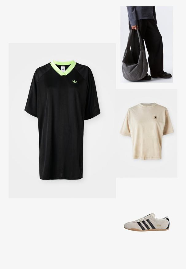 Bež pamukasta majica s opuštenim krojem, okruglim izrezom, kratkim rukavima i malim kvadratnim logom na lijevoj strani prsnog područja.; Crna kratka sportska majica s kratkim rukavima, s zelenim V-izrezom i izvezenim logotipom na prsima. Glatka tekstura i opušteni kroj.; Suede tenisice s gornjim dijelom u sivoj boji, crnim trakama i gumiranim đonom. Imaju vezivanje s vezicama i zlatni logo detalj sa strane.; Sivi platneni ramejni torba s opuštenim oblikom, s glatkom teksturom i širokim trakama. Torba se drži osobom u tamnim hlačama.