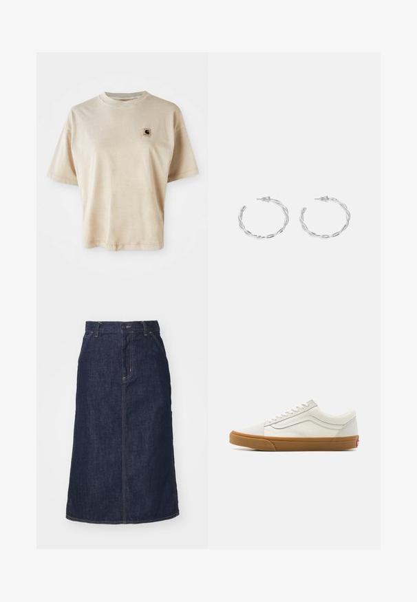 Bež puuvillane t-särk lõdva lõikega, ümmarguse kaelusega, lühikeste varrukatega ja väikese ruudukujulise logotäpiga vasakul rinnal.; Tume denim.seelik kõrge vöökoha, sirge lõike, esikottide ja õmmeldud õmblustega. Vöökoht on varustatud luku ja nööbiga.; Valged kanvas madala varrega jooksujalatsid, millel on kummist talla, ümar varvas, nööbiga sulgemine ja külgmisel nahast triibuline detail.; Hõbedased rõngaskõrvarõngad keerutatud disainiga, millel on poleeritud viimistlus ja posti-tagune sulgemine. Diameeter umbes 3 cm.