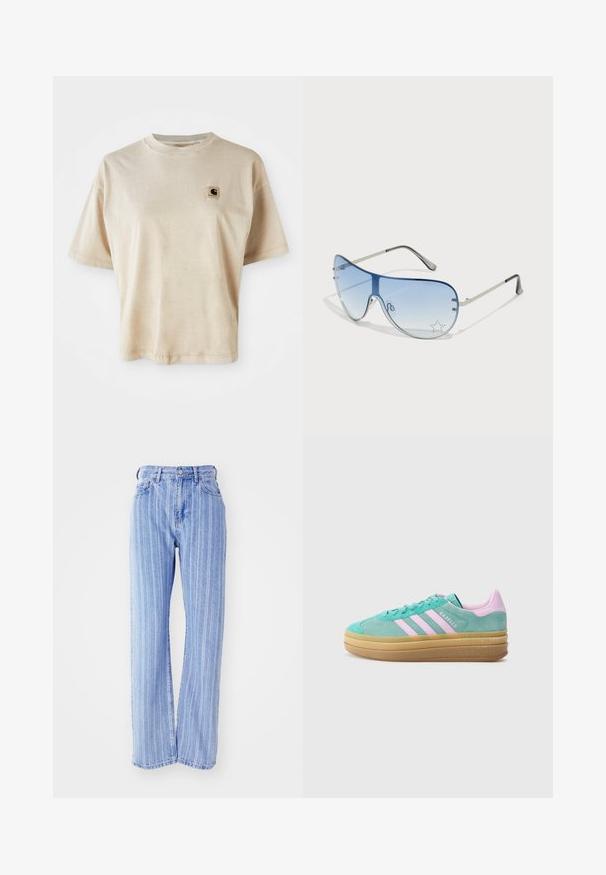 Beige cotton t-shirt with a relaxed fit, crew neck, short sleeves, and a small square logo patch on the left chest area.; Light blue denim jeans with vertical white stripes, high waist, loose fit, five pockets, and a button-fly closure.; adidas Originals GAZELLE BOLD - Trainers - powder teal/bliss lilac/pure teal; Aviator sunglasses featuring a gradient blue lens, silver metal frame, and decorative star accents on the lens. Smooth and sleek design.