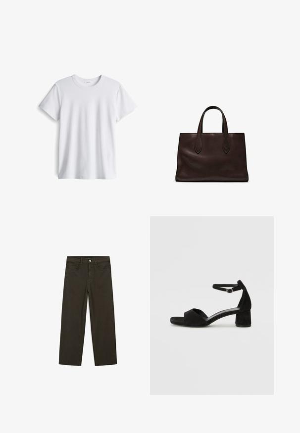 Weißes Baumwoll-T-Shirt mit rundem Ausschnitt und kurzen Ärmeln. Weicher Stoff, gerader Schnitt, keine sichtbaren Logos oder Muster.; Dunkelgrüne Jeans im weit geschnittenen Style, hergestellt aus einem Baumwollgemisch. Sie verfügen über einen Frontknopfverschluss, fünf Taschen und klassische Denim-Nähte.; Schwarze Wildleder-Espadrilles mit einem dünnen Knöchelriemen, offener Zehenpartie und moderatem Blockabsatz. Glatte Textur und minimale Akzente.; Braune Ledertasche mit zwei langen Griffen, strukturierte rechteckige Form, glatte Textur und dezente Nähdetails.