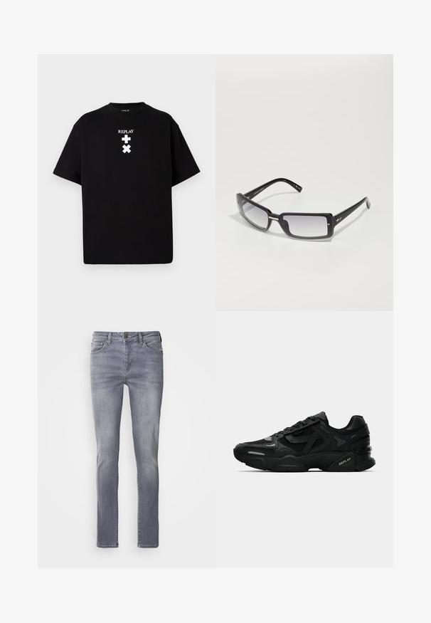 Svart t-skjorte med korte ermer laget av bomull, med rund hals og hvit trykt tekst og symboler på forsiden. Enkel design, ingen mønstre.; Lys grå denimjeans med rett snitt, har fem lommer, messing knappelukking og subtil falming på beina.; Svart idrettssko med teksturert overdel, reflekterende detaljer og polstrede såler. Har snørebånd og merkevarenavn på siden.; Svarte rektangulære solbriller med gradientlinser, med en tykk ramme og metallaksenter på armene. Jevn tekstur gjennom hele.