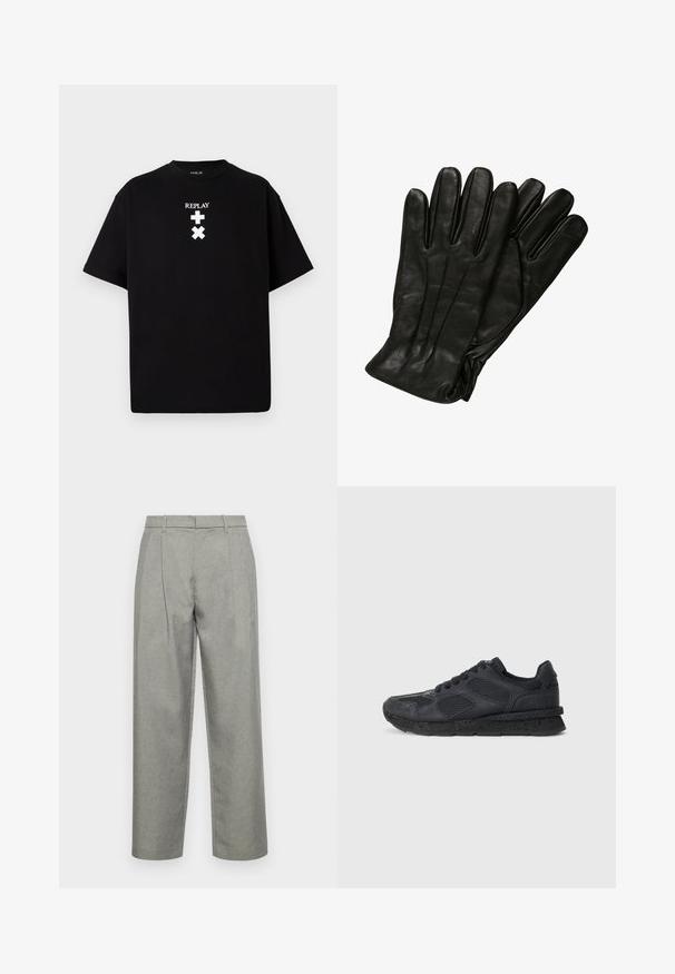 T-shirt preta de mangas curtas, feita de algodão, com um decote redondo e texto e símbolos impressos em branco na parte frontal. Design simples, sem padrões.; Calças cinzas ajustadas, feitas de tecido texturizado, com design de perna reta, pregas frontais e uma cintura standard com passantes para cinto.; Replay ARTHUR ATOM - Sapatilhas - black; Luvas de couro preto com uma textura lisa, cinco dedos e detalhes de costura subtis. Design clássico, adequado para uso em clima frio.
