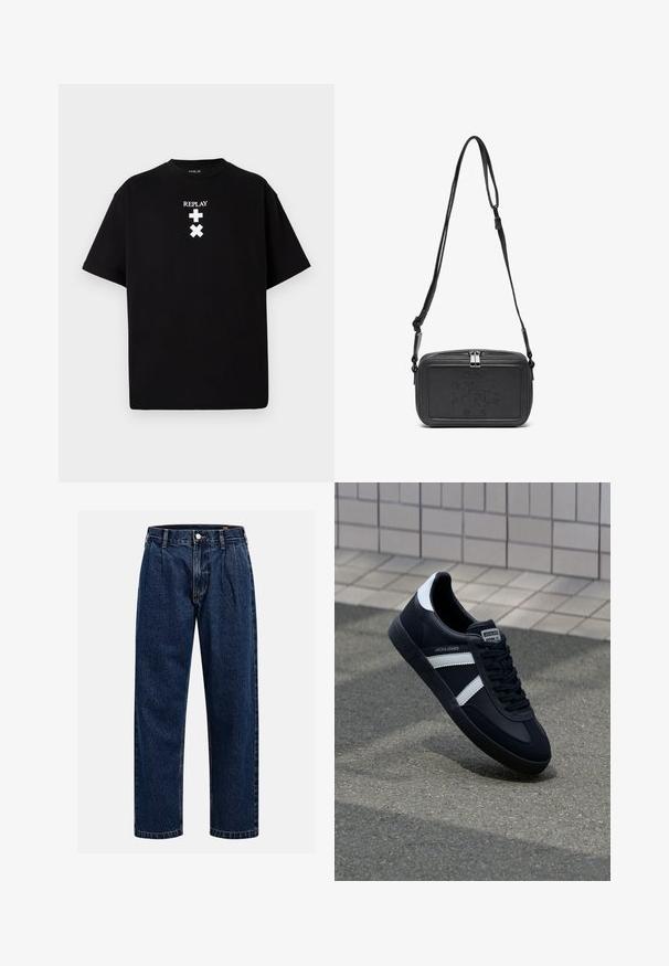Čierne tričko s krátkym rukávom vyrobené z bavlny, s okrúhlym výstrihom a bielym potlačeným textom a symbolmi na prednej strane. Jednoduchý dizajn, žiadne vzory.; Tmavo modré džínsy s rovnými nohavicami. Obsahujú viditeľné švy, zapínanie na gombík a predné skladanie pre zvýraznenie detailov.; Čierne kožené tenisky s bielymi pruhmi, textúrovanou gumovou podrážkou a šnurovaním vpredu. Obsahujú označenie značky na jazyku.; Čierna kožená crossbody taška so zipsom, s embosovaným logom na prednej strane a nastaviteľným popruhom. Hladká textura a obdlžníkový tvar.