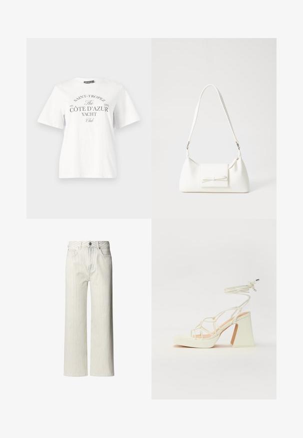 Camiseta de algodón blanca con mangas cortas, cuello redondo y estampado en negro que dice "SAINT-TROPEZ CÔTE D’AZUR YACHT Club."; Pantalones de pierna ancha de color claro con rayas verticales, fabricados en tela de algodón. Cuenta con una cinturilla abotonada y trabillas.; Sandalia de tacón alto blanca con un tacón grueso, que presenta un diseño de tiras y un lazo en el tobillo. Textura suave con una plataforma en la parte delantera para mayor altura.; Bolso sintético blanco con forma triangular, tapa frontal plana y detalle de lazo, correa ajustable, textura suave y diseño minimalista.
