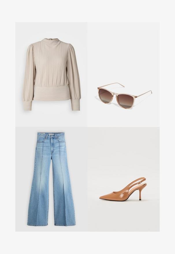 Bežinis ilgas rankovėmis marškinėliai su raukšlėta tekstūra, aukštu kaklu ir raukšlėmis rankovėse. Yra aptempta juosmens dalis ir nuolat raukšlėta konstrukcija.; Šviesiai mėlyni aukšto liemens džinsai su plačiomis kojomis, priekinėmis ir užpakalinėmis kišenėmis, diržo kilpos ir vertikaliomis siūlėmis priekyje.; Pailgų smailiu pirštu slingback kulnas, pagamintas iš lygaus, blizgaus rudos spalvos medžiagos. Yra kreivų išpjovimų dizainas ir lieknas stiletto kulnas. Sidabrinė sagtis.; Rudi gradientiniai saulės akiniai su permatomu rožiniu rėmeliu, kvadratinės formos ir plonomis metalinėmis šakėmis. Yra su apvalintais kraštais ir minimaliais dekoratyviniais elementais.