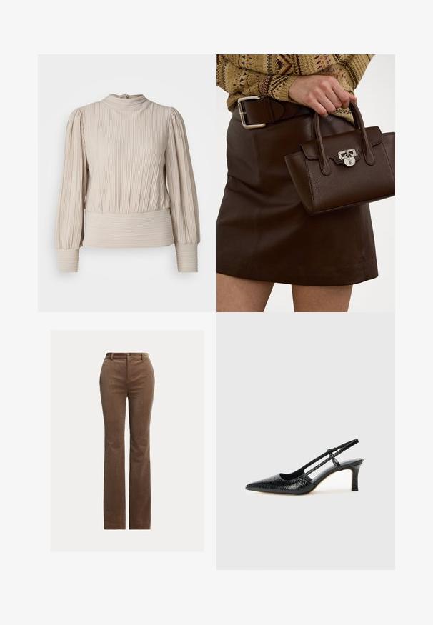 Beige long-sleeve top with ribbed texture, high neckline, and gathered sleeves. Features a fitted waist and pleated design throughout.; Brown corduroy trousers with a straight-leg design, featuring belt loops, front pockets, and subtle vertical ribbing for texture.; Black patent slingback heel with a pointed toe, featuring textured snake print, adjustable strap, and a short, textured block heel.; Brown leather handbag with a textured finish and silver hardware, held with a hand beside a brown leather skirt and patterned sweater.