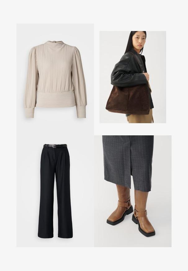 Beige long-sleeve top with ribbed texture, high neckline, and gathered sleeves. Features a fitted waist and pleated design throughout.; Black wide-leg trousers made from smooth fabric, featuring front pleats and a matching black belt with a silver buckle.; Brown leather knee-high boots with a square toe, black rubber sole, and adjustable buckle strap detail. Worn with a gray pinstripe skirt.; Brown suede tote bag with a wide shape and soft texture, featuring a single strap and minimal hardware against a neutral backdrop.