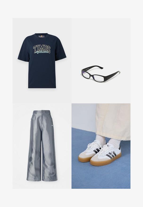 Navy blue cotton t-shirt with a relaxed fit. Features a graphic design with "TIMBS Authentic" in contrasting colors. Short sleeves, crew neck.; Wide-leg pants in shiny gray material, featuring white side stripes and a flame pattern on the lower legs. Button and zipper closure at the waist.; White sneakers with black stripes and beige suede accents. Feature a textured gum sole and flat white laces, worn with light-colored socks.; Black rectangular glasses with clear lenses. Glossy finish, narrow arms, and purple tint visible at the edges of the lenses.