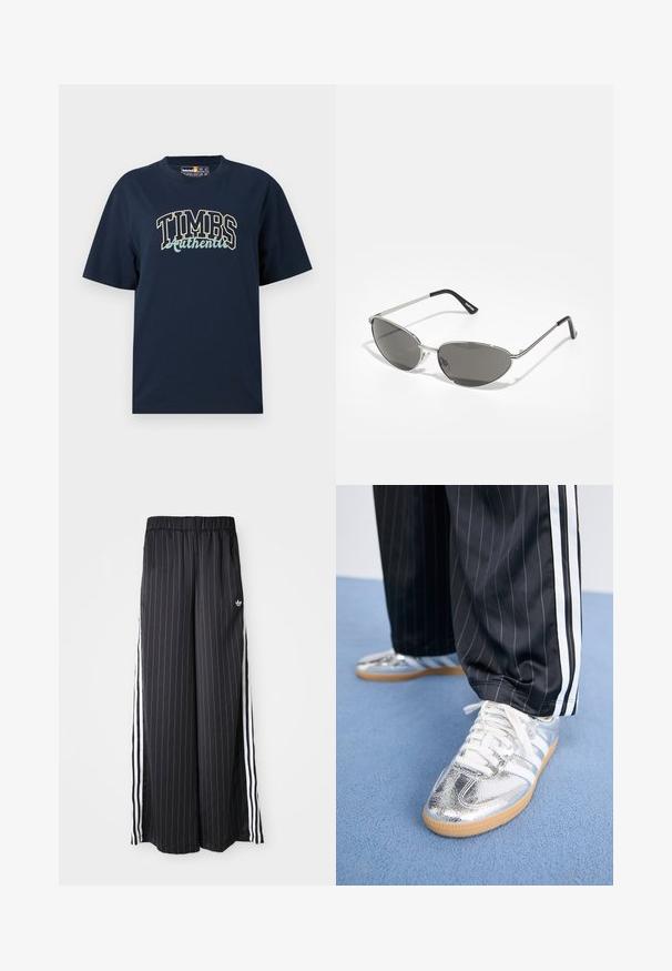 Marineblå bomull T-skjorte med avslappet passform. Har et grafisk design med "TIMBS Authentic" i kontrastfarger. Korte ermer, rund hals.; Sorte wide-leg bukser med vertikale hvite striper, elastisk midjebånd og tre hvite striper langs siden. Adidas-logo foran.; Metallic sølv sneakers med hvite lisser og tre hvite striper, kombinert med svarte stripete bukser. Gummisåle akcentert nederst.; Solbriller med en slank, sølvmetallisk ramme, gråtonede linser og et aerodynamisk design med spisse kanter og tynne armer.; Svart quiltet tote-veske med stor åpning, buede former på overflaten, og en etikett med gul og hvit tekst på forsiden.; Sølvfargede øredobber sett: to ovale stifter og to halvmåneformede hoops, med en glansfull, glatt overflate og en rund design.