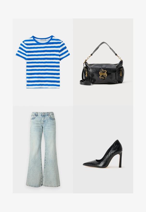 Modrá a biela pruhovaná tričko s krátkym rukávom s ribbovanou textúrou a okrúhlym výstrihom. Pruhy sa líšia šírkou.; Svetlomodré rozšírené džínsy z denimu, s vysokým pásom, vreckami a rozstrapkanými okrajmi. Tkanina má vyblednutý vzhľad a jemnú textúru.; Čierna lodička s špicatou špičkou a lakovanou textúrou krokodíla, s elegantným dizajnom, vysokým stiletto podpätkom a hladkým čiernym interiérom.; Čierna kožená kabelka s hladkým povrchom, zlatým hadím hardvérom a dvoma zipsovými bočnými vreckami. Súčasťou je nastaviteľný ramenný popruh.