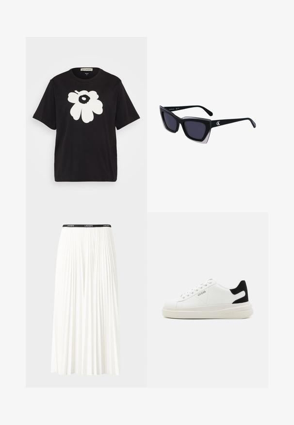 Čierne bavlnené tričko s veľkým bielym kvetinovým vzorom na prednej strane, krátkymi rukávmi a voľným strihom. Nálepka umiestnená na krku.; Plisovaná biela sukňa s čiernym elastickým pásom s logom "LACOSTE". Sukňa je stredne dlhá a má mäkkú textúru.; Biele kožené tenisky s hrubou bielou podrážkou, čiernym zamekom na päte a vyrazeným logom na boku. Šnurovací dizajn so šiestimi očkami.; Čierne oversized slnečné okuliare s geometrickým tvarom, s tmavými šošovkami a kontrastným šedým detailom na ráme. Logo na mostíku.