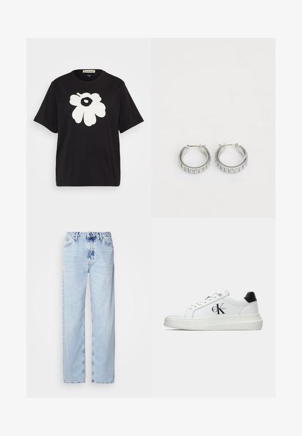 Melna kokvilnas t-krekls ar lielu baltu ziedu dizainu uz priekšpuses, īsām piedurknēm un brīvu piegriezumu. Etiķete redzama ap kaklu.; Gaiši zilas platās kājas džinsi, izgatavoti no denima, ar augstu jostas vietu, izbalinātu krāsu un smalku krāsošanas rakstu priekšpusē.; Baltā zema topa sporta apavas ar melnu papēža cilni, platformas zoli, auklēm un Calvin Klein "CK" logo sānos.; Sudraba gredzena auskari ar faktūras dizainu, kas ietver vertikālas rievas. Apaļa forma ar drošu aizdari. Gluda apdare.