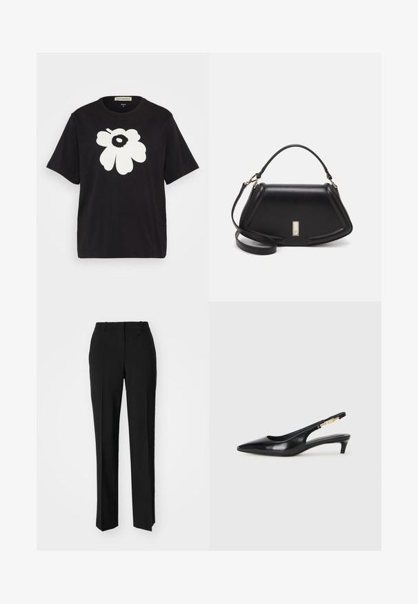 Mustavilla t-paita, jossa on suuri valkoinen kukkakuvio edessä, lyhyet hihat ja rento malli. Kipegys näkyvissä kauluksessa.; Mustat räätälöidyt housut suoraa lahjetta, joissa on sileä pinta ja terävät taitteet edessä. Ei näkyvää metalliosaa.; Mustat nahkaiset slingback-korkokengät, joissa on terävä kärki, ohuet korot ja kultasävytteinen yksityiskohta säädettävässä hihnassa. Silkkinen pinta.; Mustalla nahkalaukulla, jossa on jämäkkä muotoilu, lyhyt malli, yläkahva ja kultaiset yksityiskohdat. Säädettävä olkahihna sisältyy.