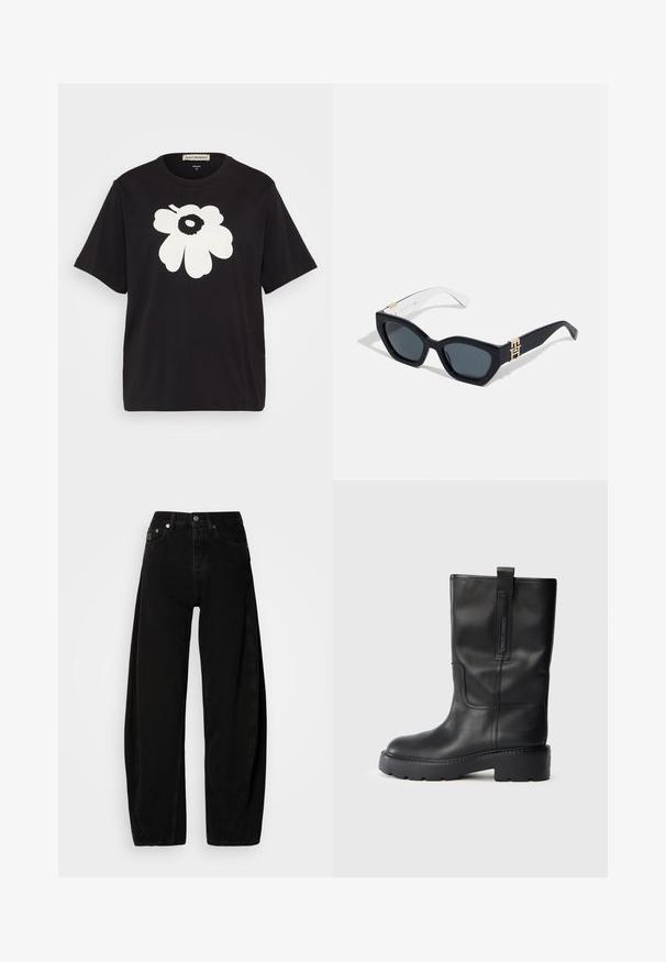 Musta puuvillane T-särk, mille esiküljel on suur valge lillemuster, lühikesed varrukad ja mugav lõige. Sildi asukoht kaelas.; Mustadest denimist laiad püksid kõrge vöökohaga, millel on nupuga lõpp, viis taskut ja minimaalsed õmbluse detailid.; Mustadest nahast kuni põlvedeni ulatuvad saapad, millel on sile disain, paks tald ja külgmine tõmblukk mugavaks selga panemiseks. Märkimisväärsed õmblusaktsendid.; Tommy Hilfiger Päikeseprillid - blue