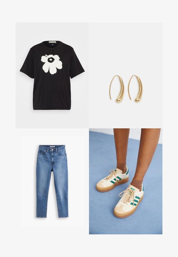 Black cotton t-shirt featuring a large white floral design on the front, short sleeves, and a relaxed fit. Label displayed at the neck.; Blue high-waisted women's jeans with front button and zipper closure, belt loops, and five-pocket design, flat on white background.; Beige sneakers with dark green stripes, rubber sole, suede and textile upper, and neutral hardware, paired with brown socks on a light blue surface.; Gold-tone metal hoop earrings with a curved, elongated shape. Features a smooth, shiny surface and a rounded tip for added detail.