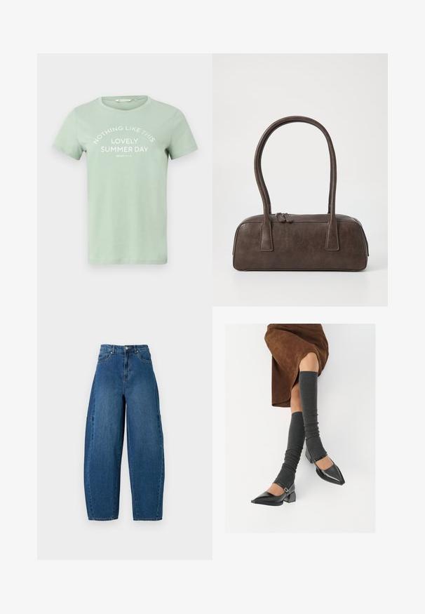 Světle zelené bavlněné tričko s krátkými rukávy a kulatým výstřihem, s bílým nápisem, který říká "NEJLEPŠÍ LETNÍ DNY TOHLE NEJSOU."; Džínové kalhoty v středně modrém praní, s vysokým pasem, širokým střihem nohavic a standardním designem pěti kapes s viditelnými švy.; Černé lakované boty s špičatou špičkou, blokovým podpatkem a kotníkovým páskem, spárované s šedými žebrovanými návleky na nohy a hnědskou sukní z semiše.; Hnědá kožená kabelka s dvěma pevnými uchy, obdélníkový tvar, hladká textura a zipové zavírání. Minimalistický design bez viditelných vzorů.