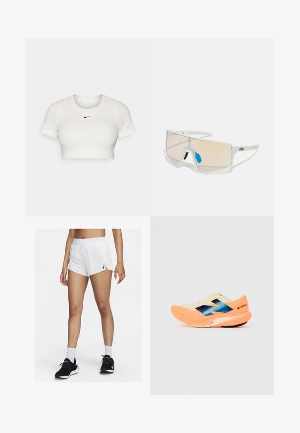 Cropped white T-shirt made of ribbed fabric with short sleeves and a round neck; features a small black Nike logo on the chest.; White athletic shorts with a ribbed waistband, side slits, and a black Nike logo. Worn with black sneakers and white crew socks.; Running shoe with a lightweight cream upper, blue branding, and orange accents on the sole. Mesh texture for breathability.; White-framed sunglasses with large, gradient lenses featuring a pink to light orange tint, accentuated by a blue nose piece and logo detail.