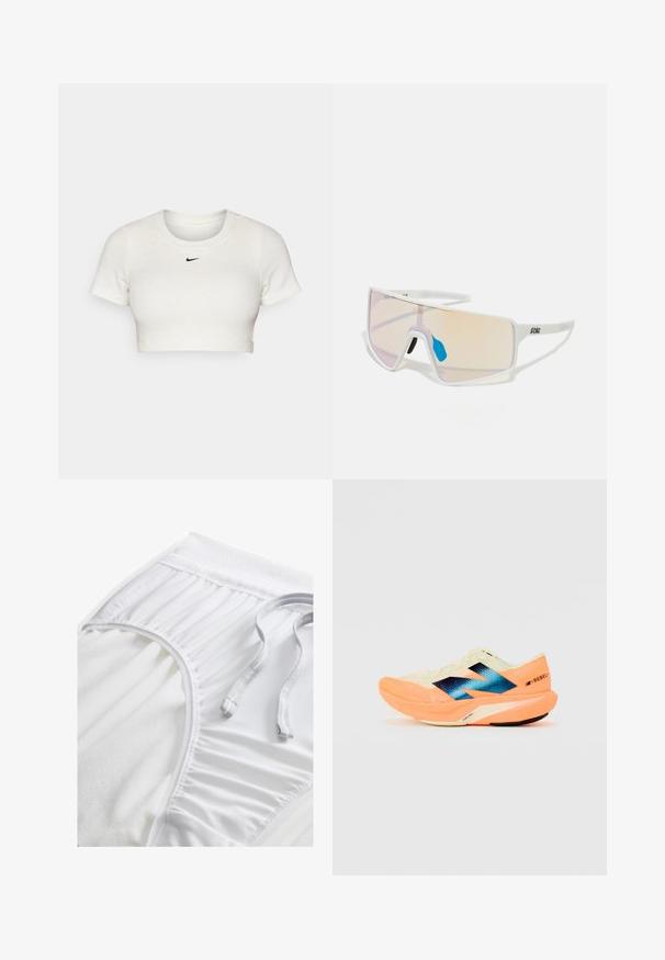Cropped white T-shirt made of ribbed fabric with short sleeves and a round neck; features a small black Nike logo on the chest.; White athletic shorts with a textured waistband, gathered side details, and a flat drawstring. Soft fabric with smooth finish.; Running shoe with a lightweight cream upper, blue branding, and orange accents on the sole. Mesh texture for breathability.; White-framed sunglasses with large, gradient lenses featuring a pink to light orange tint, accentuated by a blue nose piece and logo detail.