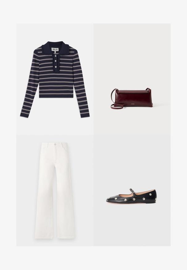 Námořnická košile s dlouhým rukávem s růžovými horizontálními pruhy, řaseným límcem a trojicí knoflíků na přední straně; vyrobeno z měkkého, elastického materiálu.; Bílé džíny s vysokým pasem a širokými nohavicemi vyrobené z denimové látky. Mají zapínání na knoflík, dvě přední kapsy a boční švy se švy.; Černé kožené baleríny typu Mary Jane s kulatou špičkou, zdobené stříbrnými kulatými nýty a nastavovacími popruhy se sponou.; Burgundská kožená crossbody taška s hladkým povrchem, obdélníkovým tvarem, klopovým uzávěrem a tenkým nastavitelným popruhem. Viditelné zlaté logo.