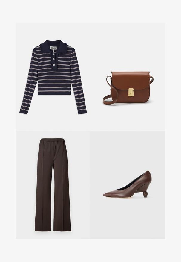 Tengerészkék hosszúujjú ing, rózsaszín vízszintes csíkokkal, fodros gallérral és elöl három gombbal; puha, rugalmas anyagból készült.; Sötétbarna anyagból készült, bő szárú nadrág, rugalmas derékkal, sima textúrával és letisztult vonalakkal a sikkes megjelenés érdekében.; Barna bőr wedge pumpa hegyes orral és kerek, gömb alakú sarokkal. Simább textúrájú, egyszerű dizájnnal és minimális díszítéssel.; Barna bőr kézitáska, hajtókás zárással, arany színű fém kiegészítőkkel, vállpánttal és sima felülettel. Kompakt téglalap alakú.