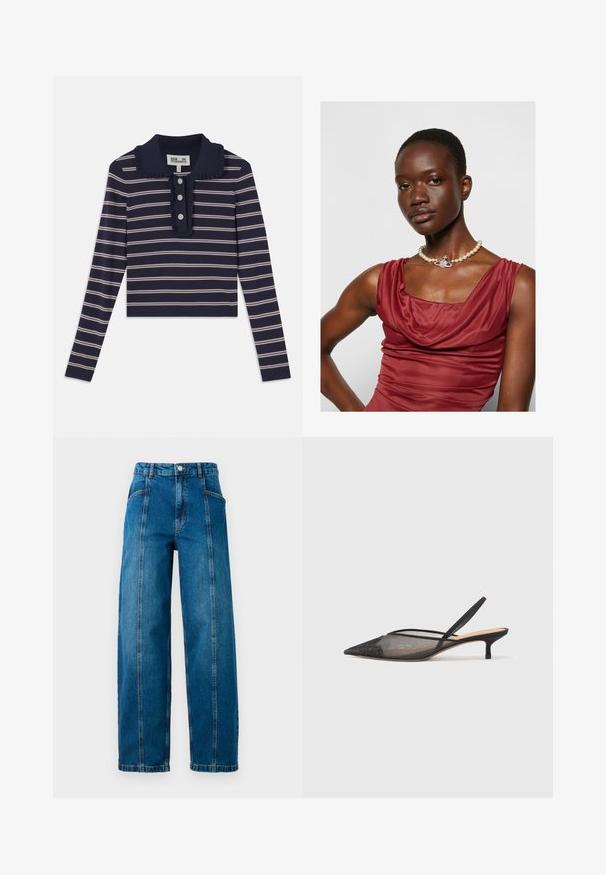 Navy long-sleeve shirt with pink horizontal stripes, ruffled collar, and three-button placket at the front; made from a soft, stretchy material.; High-waisted blue denim jeans with wide legs, front vertical seams, side pockets, belt loops, and a button closure.; NEOUS IRENA - Classic heels - black; Cowl-neck, deep red dress with a smooth texture. Features a pearl necklace with a decorative silver accent at the center.