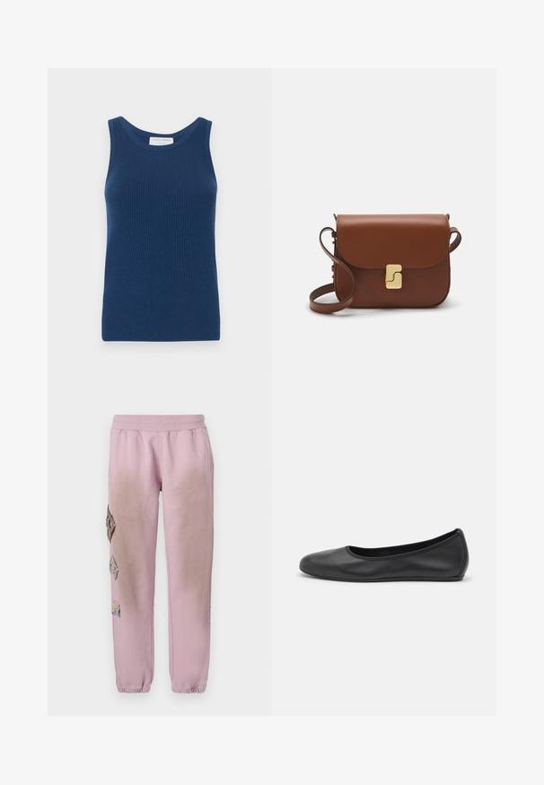Modrý žebrovaný top bez rukávů s kulatým výstřihem. Vyrobeno z měkké tkaniny s hladkým povrchem. Štítek označen "Tiger of Sweden."; Růžové tepláky s elastickým pasem, které mají dekorativní nášivky ve tvaru diamantů na levé straně a elastické manžety u kotníků.; Černé kožené baletní byty s kulatou špičkou, hladkou texturou, minimálními švy a flexibilním designem podrážky.; Hnědá kožená kabelka s klopou, zlatými kovovými detaily, ramenním popruhem a hladkým povrchem. Kompaktní obdélníkový tvar.
