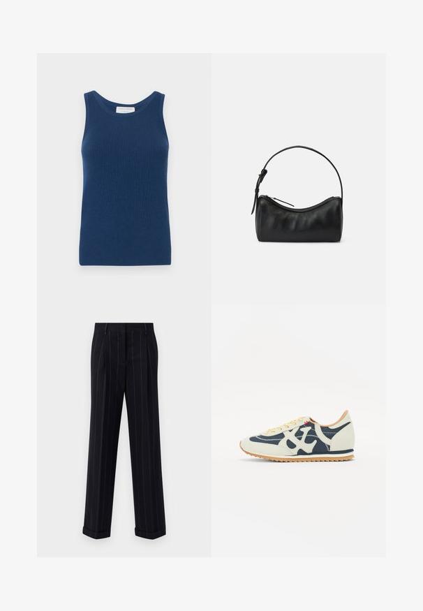 Mėlynas briaunotas liemenukas su apvaliu kaklu ir be rankovių dizainu. Pagamintas iš minkštos medžiagos su lygaus paviršiaus tekstūra. Etiketė su užrašu "Tiger of Sweden."; Juodi smėliniai kelnes su pritaikytu siluetu, su manžetėmis ir priekinėmis klostėmis. Pagaminta iš lygaus audinio su struktūrizuotu dizainu.; Sneakeris, pagamintas iš kreminės, tamsiai mėlynos spalvos ir zomšos medžiagų, su raištelių užsegimu, įstrižais siūlės ir guminėmis padangomis su sukibimu.; Juodas odinis petinis krepšys su kreivėmis, užtrauktuko uždarymu ir plonu dirželiu. Pasižymi lygiu paviršiumi ir subtiliais siuvinėjimo akcentais.