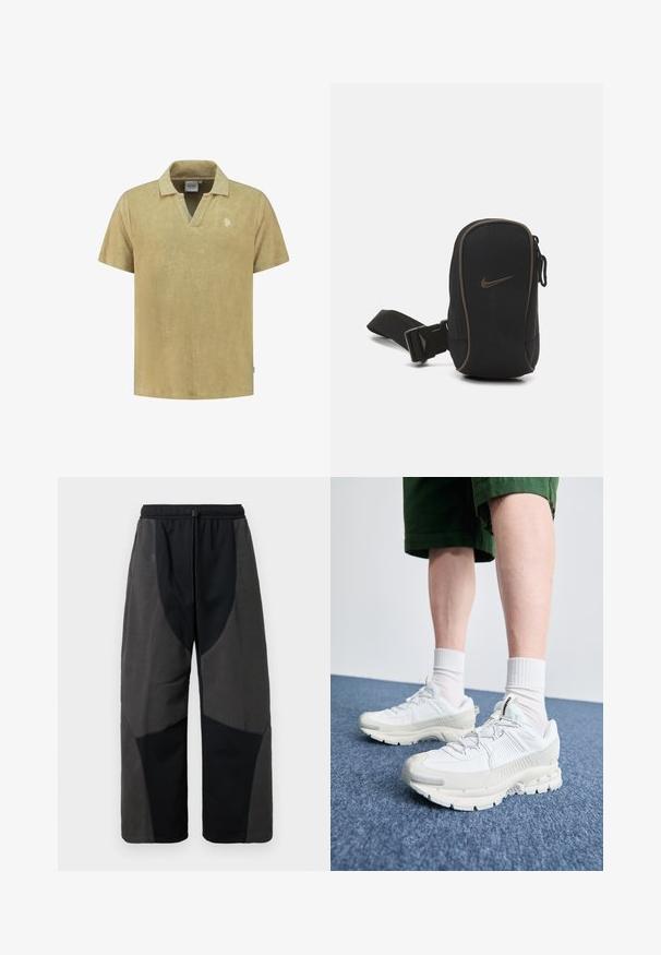Polo tričko s krátkym rukávom z jemného béžového froté materiálu s výstrihom do V a malým vyšitým logom na hrudi. Hladká textúra a voľný strih.; Čierne nohavice s fleecovými akcentmi a voľným strihom, s kontrastnými tmavošedými panelmi a nastaviteľným šnúrkovým pásom.; Biele športové topánky s textúrovanými prešívaniami, robustnou podrážkou a sivými akcentami. Nosené s bielymi ponožkami po členky a zelenými šortkami na modrom povrchu.; Čierny Nike puzdro so zipsovým uzáverom, textúrovaná látka, hnedé akcenty a odnímateľný popruh. Na prednej strane je umiestnené výrazné logo Nike.