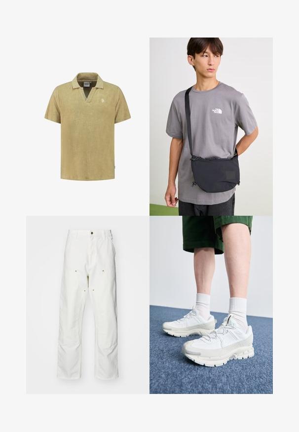 Polo tričko s krátkým rukávem v jemné béžové barvě z froté tkaniny, s výstřihem do V a malým vyšitým logem na hrudi. Hladká textura a volný střih.; Bílé bavlněné cargo kalhoty s volným střihem. Vlastnosti zahrnují přední kapsy, zlaté kovové detaily a zpevněné oblasti na kolenou.; Bílé sportovní boty s texturovanými překryvy, masivní podrážkou a šedými akcenty. Na nohou mají bílé ponožky a zelené šortky na modrém povrchu.; Černá nylonová taška přes rameno s nastavitelným popruhem, s utažením na šňůrku a embosovaným logem. Nositá přes šedé tričko.