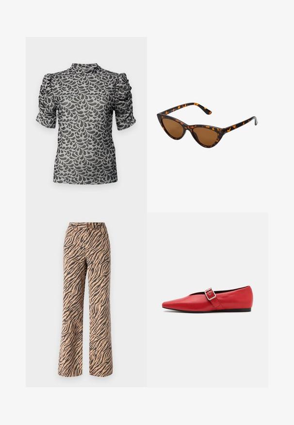 Trumpas rankovės viršus pilkos spalvos audinyje su juodu lapų raštu. Turi aukštą kaklą ir surinktas rankoves, sukuriant tekstūrinį dizainą.; Platų kojos kelnės su tigro dryžių raštu rudos ir juodos spalvų atspalviuose, turinčios standartinį juosmenį ir penkių kišenių dizainą.; Raudoni odiniai butai su smailiu pirštu, turintys šoninius dirželius su metaline sagtimi ir žemu juodu kulnu. Glotni tekstūra visame paviršiuje.; Katės akies saulės akiniai su juodu ir oranžiniu šarvuotu rėmeliu, ruda objektyvu ir elegantiškais, smailiais galiukais. Rėmelyje yra minimalus logotipas ant šventės.