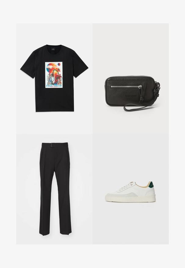 T-shirt nera con grafica colorata di pianeti, teste robotiche, una ruota panoramica e il testo "Paul Smith Soul Kitchen" al centro davanti.; Pantaloni neri su misura con design a gamba dritta, due tasche anteriori e chiusura a doppio bottone in vita. Tessuto dalla finitura liscia.; Sneaker bianco con accenti in camoscio, punta rotonda, lacci piatti e suola in gomma crema. Presenta un marchio verde sul tallone.; Clutch nera in pelle con superficie testurizzata, tasca frontale con zip e tracolla rimovibile. Presenta una patch con logo sul davanti. Forma rettangolare.