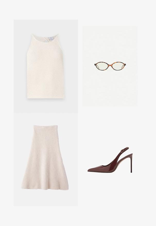Top din plasă albă fără mâneci, cu decolteu rotund și un detaliu sub formă de lacăt în spate. Material texturat cu o croială lejeră.; O fustă A-line de un bej deschis, confecționată dintr-un material moale și Texturat, având o talie netedă și o siluetă fluidă.; Pantofi cu toc înalt slingback din piele laică de culoare marron închis, cu vârf ascuțit, curea reglabilă și toc subțire stiletto.; Ochelari cu ramă din tartan, cu lentile ovale și un finisaj elegant, neted. Prezintă margini subțiri cu o curbură subtilă la tâmple. Lentile clare.