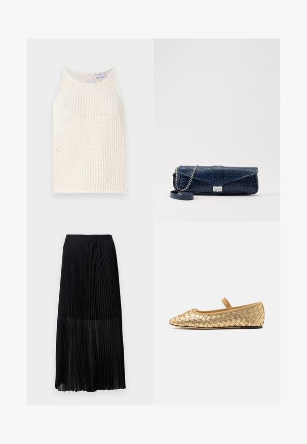 Canottiera in rete bianca con scollatura rotonda e dettaglio a chiave sul retro. Tessuto texturizzato con vestibilità ampia.; Gonna midi plissettata nera con una cintura elastica liscia e sovrapposizione trasparente, caratterizzata da fini pieghe verticali su tutto il tessuto.; Loeffler Randall LEONIE SOFT BALLET FLAT - Ballerine con cinturino - gold; Clutch in pelle blu navy con texture a coccodrillo, tracolla in catena argentata e chiusura metallica. Forma rettangolare con design pieghevole.