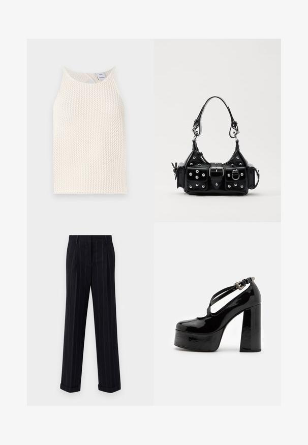 Witte mesh tanktop met een ronde halslijn en een sleutelgaten-detail aan de achterkant. Gelaagd stof met een losse pasvorm.; Zwarte broek met streepjes in een getailleerde pasvorm, voorzien van een omgeslagen zoom en voorplooien. Gemaakt van een gladde stof met een gestructureerd ontwerp.; The Kooples CHAUSSURES - Hoge hakken - black; Zwarte lederen handtas met een gebogen ontwerp, voorzien van zilveren studs, een gesp en twee zijvakken. Verstelbare schouderband voor verschillende draagmogelijkheden.