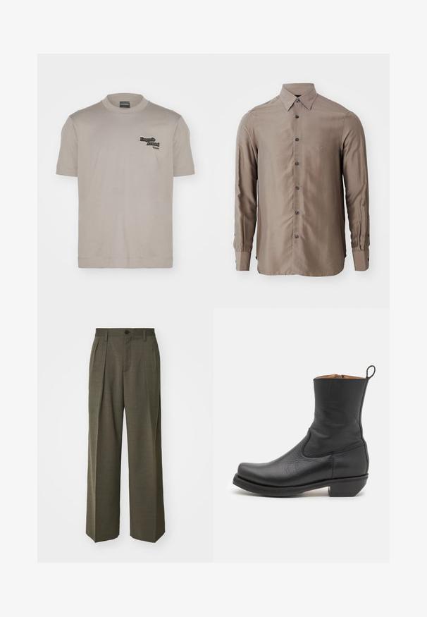 Emporio Armani Apdrukāts T-krekls - beige; Ilgi piedurkņu krekls pelēkā krāsā, izgatavots no gludas auduma, ar pogājamu priekšpusi un tumšām pogām, ar mazu logotipu uz krūšu vietas.; Filippa K WIDE TROUSERS - Auduma bikses - driftwood; Melna ādas potītes zābaks ar gludu tekstūru, šauru profilu, sānu šuvēm un zemu kvadrātveida papēdi. Aiz muguras ir pievilkšanas cilpa.