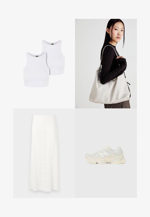 Two white cotton crop tops featuring a ribbed texture, round necklines, and sleeveless design. Labels read "URBAN CLASSICS."; White lace maxi skirt with a textured pattern, elastic waistband, and a flowy shape. The fabric appears lightweight and airy.; Lightweight sneaker featuring a mesh and suede upper in soft cream tones, with a chunky sole and three-dimensional accents.; Beige handbag made of soft material, featuring a slouchy design, stitched detailing, and two shoulder straps. Suitable for everyday use.