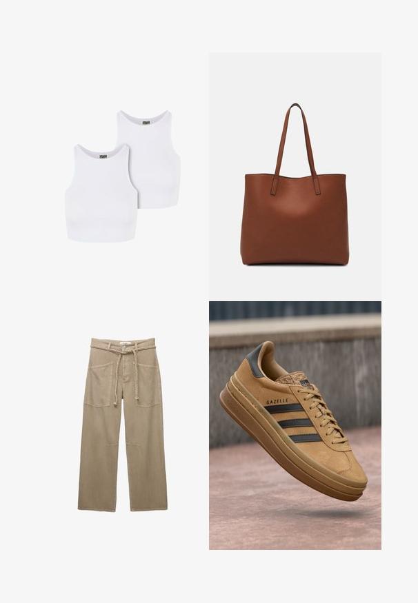 Două topuri de bumbac albe, cu un model texturat, de tip crop, cu decolteu rotund și fără mâneci. Etichetele spun "URBAN CLASSICS."; Pantaloni largi bej, confecționați dintr-un material durabil, având buzunare mari în față, o curea împletită și detalii subtile de cusătură.; Sneakers din suede de nuanță bej, cu o textură netedă, prezentând trei dungi întunecate, un vârf rotunjit și o talpă mai groasă cu un margine patterned.; Geantă de umăr din piele maro cu o textură netedă, design cu vârf deschis și două curele pentru umăr. Prezintă cusături minime și fără componente metalice vizibile.