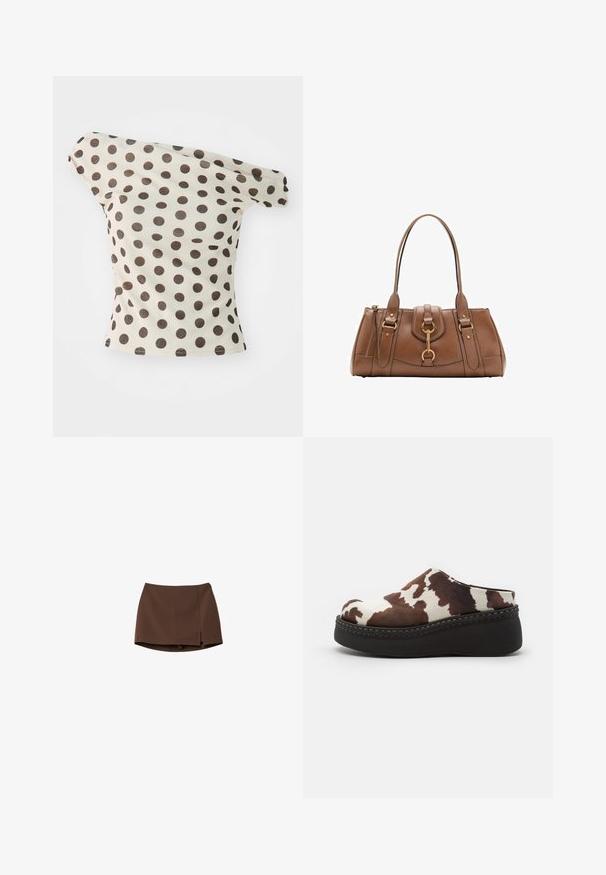 Béžový off-shoulder top z bavlny se velkými hnědými puntíky, s přiléhavým střihem a ohrnutými rukávy.; Hnědá sukně vyrobená z hladké tkaniny, s rovním střihem a bočním rozparkem. Jednoduchý design bez vzorů nebo kovových detailů.; Hnědé a bílé kloboučky s kravským potiskem na platformě, se měkkým vrškem, kulatou špičkou a odolnou černou gumovou podrážkou. Prošité detaily na spodní části.; Hnědá kožená kabelka s dvojitými uchy, zlatými kovovými detaily a strukturovaným designem. Disponuje centrálním klopovým uzávěrem s detailním poutkem.