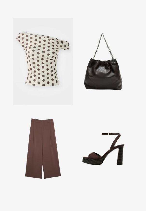 Béžový off-shoulder top z bavlny se velkými hnědými puntíky, s přiléhavým střihem a ohrnutými rukávy.; Hnědé široké kalhoty s hladkou texturou, vysokým pasem a předními záhyby. Materiál je lehký a volně splývá.; Hnědé semišové sandály na vysokém podpatku s otevřenou špičkou, nastavitelným páskem kolem kotníku a proužkovou platformou.; Hnědá kožená taška se sbíraným vrškem a řetízkovým popruhem. Hladký povrch s lesklým finišem a jemným švem na bocích.