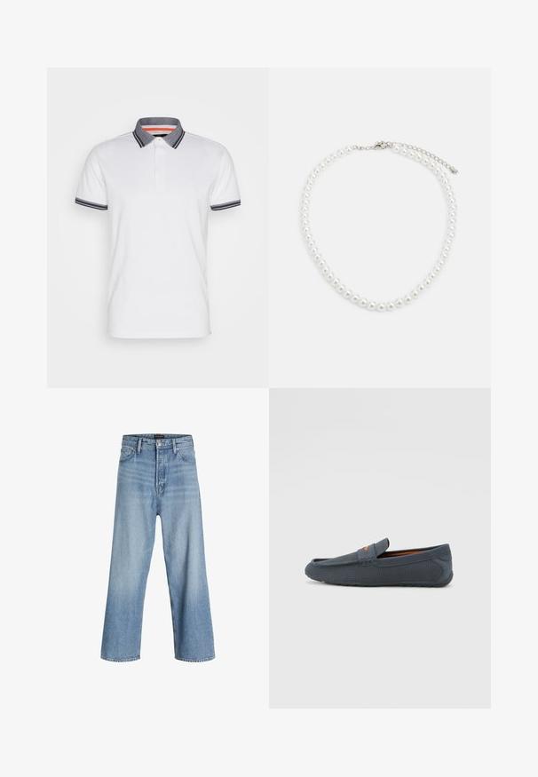 Hvit polo skjorte med teksturert mørk blå krage og marineblå striper på ermene; har tre-knaps placket og lite logo.; Lys blå vide jeans laget av denim, med høy midje, klassisk fem-lomme design og knappelukking med glidelås.; Grå perforerte loafers med slip-on design, med oransje detaljer, rund tå og teksturert gummisåle.; Hvit perlekjede med en enhetlig rund form, glatt overflate, og metallspenne med en forlengelseskjede for justerbar lengde.