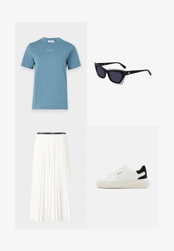 Kokvilnas t-krekls ar apaļu kakla izgriezumu gaismas zilā krāsā, ar teksturētu "LACOSTE" logo priekšpusē. Īsās piedurknes un standarta izmērs.; Gari plānas baltas svārku ar melnu elastīgu jostu, uz kuras redzams "LACOSTE" logo. Vidēja garuma dizains ar mīkstu tekstūru.; Baltas ādas sporta apavi ar biezu balto zoli, melna zamša uzpura un izspiestais logotips sānos. Šņorējuma dizains ar sešiem acu caurumiem.; Melni pārmēru saulesbrilles ar ģeometrisku formu, kas aprīkotas ar tumšiem stikliem un kontrastējošu pelēku akcentu uz rāmja. Logo uz kājas.