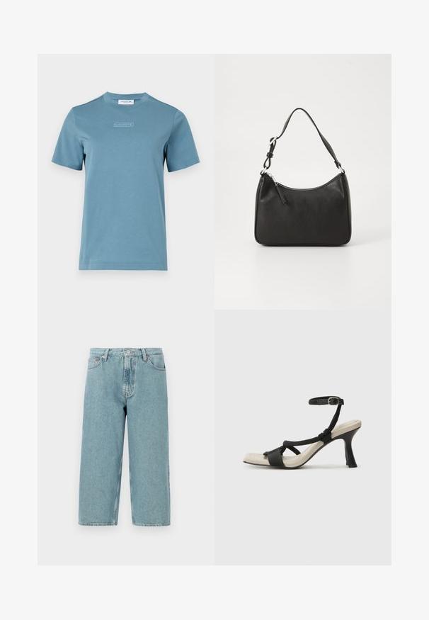 Vászon kereknyakú póló világoskék színben, a mellkason textúrázott "LACOSTE" logóval. Rövid ujjú és standard fazonú.; Világoskék farmer rövidnadrág, magas derékkal, egyenes szabással és nyers szegéllyel. Klasszikus gombos és cipzáras záródással rendelkezik, négy zseb van rajta.; Fekete sarkú szandál fonott pánttal, négyzet alakú orral és állítható bokapánttal. Világos bézs talpbetét fényes fekete sarkával.; Fekete bőrtáska ívelt formával, egyetlen pánttal, cipzáras záródással és diszkrét logóval az elején. Simább textúra, minimalista dizájn.