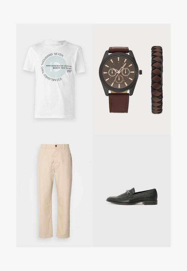 Hvid bomuld t-shirt med et cirkulært grafikmotiver, der indeholder "ID" og tekst elementer i sort og lys blå. Klassisk rund hals og korte ærmer.; Beige bomuldsbukser med lige ben, en frontknaplukning, sidelommer og en glat tekstur. Minimalistisk design, ingen synlige mønstre.; Sorte læder loafers med en glat finish, der har et syet design og et dekorativt metal kædeaccent hen over vamps. Flad hæl.; Pier One SET - Ure - black/brown