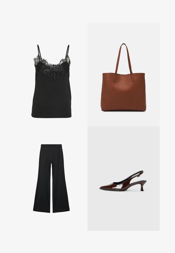 Top nero in camisola con bordo di pizzo lungo il collo e spalline sottili regolabili. Tessuto morbido con una vestibilità rilassata.; Pantaloni neri a gamba larga con una texture liscia, caratterizzati da pieghe frontali e un design sartoriale. Il tessuto è leggero e fluido.; Scarpa slingback in pelle verniciata marrone con punta affusolata e tacco moderato. Presenta una fascia con fibbia per una calzata sicura. Tessuto liscio.; Borsa tote in pelle marrone con texture liscia, design con apertura superiore e due spallacci. Presenta cuciture minime e nessun hardware visibile.
