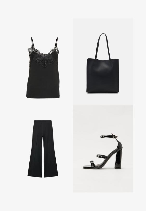Čierna tielko s čipkovým lemovaním na dekolte a nastaviteľnými tenkými ramienkami. Hladká látka a uvoľnený strih.; Čierne široké nohavice s hladkou textúrou, s prednými záhybmi a elegantným strihom. Materiál je ľahký a pruhlý.; Čierne lakované sandále na podpätku so štvorcovou špičkou, navlečenými remienkami okolo členku a striebornými prackami. Disponujú masívnym blokovým podpätkom pre stabilitu.; Čierna kožená taška na rameno s hladkým povrchom, obdĺžnikovým tvarom a dvoma dlhými uchami. Bez viditeľného kovania alebo ozdôb.