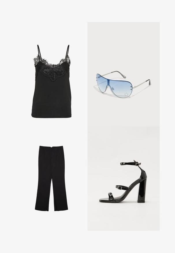 Czarny top na ramiączkach z koronkowym wykończeniem przy dekolcie oraz regulowanymi cienkimi ramiączkami. Gładki materiał z luźnym krojem.; Czarne spodnie o prostym kroju, z przednimi kieszeniami i bocznymi rozcięciami na dole. Wykonane z miękkiego, gładkiego materiału. Odpowiednie na różne okazje.; Czarne lakierowane sandały na obcasie z kwadratowym noskiem, z paskami wokół kostki i srebrnymi klamrami. Posiadają masywny słupek dla stabilności.; Okulary przeciwsłoneczne typu aviator z gradientowymi niebieskimi szkłami, srebrną metalową oprawą oraz dekoracyjnymi akcentami w kształcie gwiazdek na soczewkach. Gładki i elegancki design.