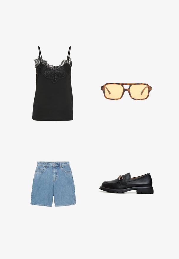 Zwarte camisettop met een kanten rand langs de halslijn en verstelbare dunne bandjes. Glad fabric met een losse pasvorm.; Lichtblauwe denim shorts met een hoge taille, vier zakken en zichtbare stiksels. Gemaakt van gestructureerde denimstof.; Zwarte leren loafer met een ronde neus, decoratieve gouden hardware en een stevige rubberen zool met een geprofileerd grippatroon.; Schildpadvormige zonnebril met geel getinte lenzen, rechthoekige vorm en een kenmerkende uitsparing in de brug. Textuurarmen maken het ontwerp af.; Marineblauwe leren handtas met een gladde afwerking, met een ronde vorm, gevouwen bovenkant en een enkele schouderband. Inclusief zilveren accenten.; Drie haarscrunchies: één van zwarte stof, één van witte stof en één zwart met een textuurpatroon in zilver en randen. Zacht, gelijkmatig ontwerp.