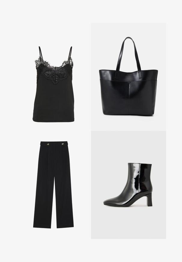 Schwarzes Trägertop mit Spitzenbesatz am Ausschnitt und verstellbaren dünnen Trägern. Glattes Material mit lockerer Passform.; Schwarze weite Hosen mit hoher Taille, Knopfdetails am Bund und vorderen Falten.; Schwarzer Lackleder-Stiefelette mit spitzer Zehe und einem mittelhohen Blockabsatz. Glatte Textur und minimalistisches Design.; Schwarze Leder-Shopper-Tasche mit zwei langen Griffen, einer glatten Textur und einer strukturierten Form. Verfügt über eine Vordertasche für zusätzlichen Stauraum.
