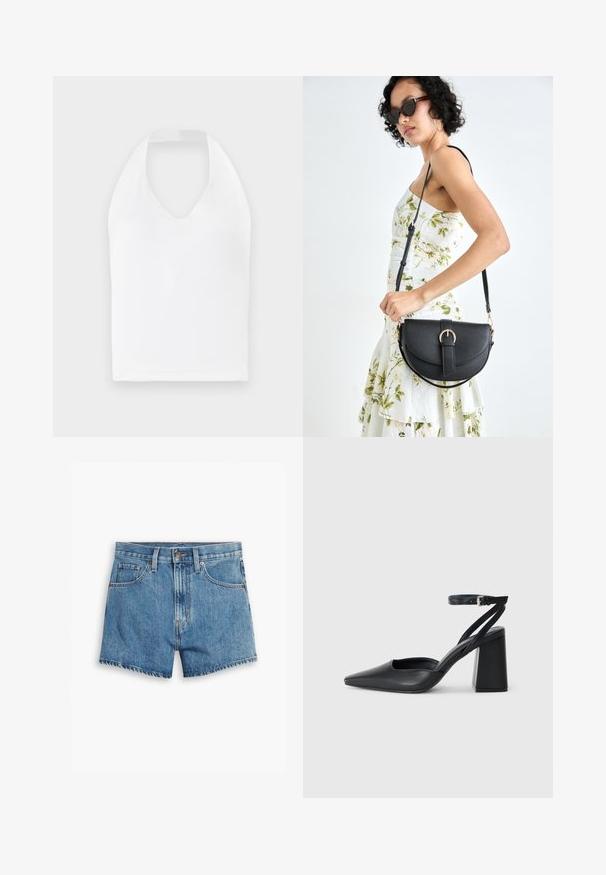 Bela majica brez naramnic z V-izrezom, narejena iz gladkega materiala. Ima oprijet silhueto brez dodatnih okraskov.; Jeans kratke hlače v svetlo modri barvi, z povezavami za pet žepov, zadrgo in gumbom. Rob je razfrcan, oblikovane so v sproščenem kroju.; Črne usnjene klasične čevlje z ostrim nosom, z zaponko za gleženj in debelim peto. Ravna tekstura, eleganten dizajn in minimalistična estetika.; Črna usnjena torbica s ukrivljeno obliko, z odstranljivo naramnico in zlatimi dodatki. Torbica ima pokrov s podrobnostmi v obliki zaponke.