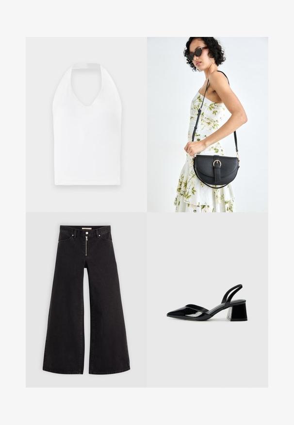 White halter neck top with a V-shaped neckline, made from a smooth fabric. Features a fitted silhouette with no additional embellishments.; Wide-leg jeans in black denim with a zippered front, five-pocket design, and subtle stitching details. Smooth texture and casual style.; Black patent leather slingback heels with a pointed toe and a geometric block heel. Features a sleek, minimal design and smooth texture.; Black leather handbag with a curved shape, detachable strap, and gold hardware. The bag features a flap with a buckle detail.